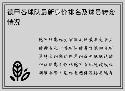 德甲各球队最新身价排名及球员转会情况