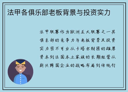 法甲各俱乐部老板背景与投资实力